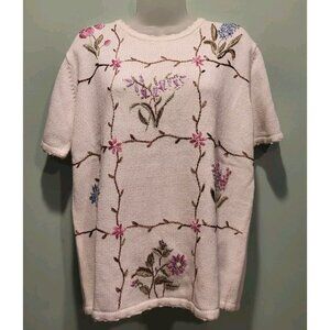 Vtg White Floral Embroidered Short Sleeve Sweater Haband Sz LG Cottagecore